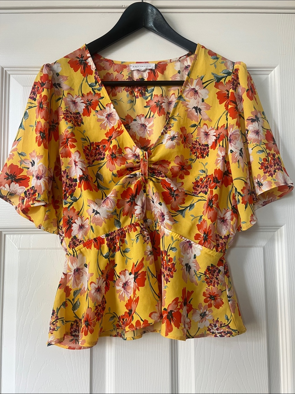 Socialite Yellow Floral Tie-Front Flutter Sleeve Top